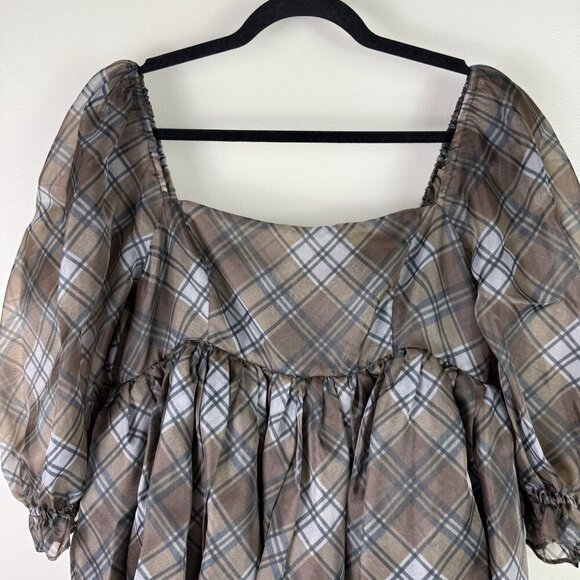 Selkie The Plaid Puff Dress Brown Black Organza Babydoll Mini Size Medium - Picture 6 of 11